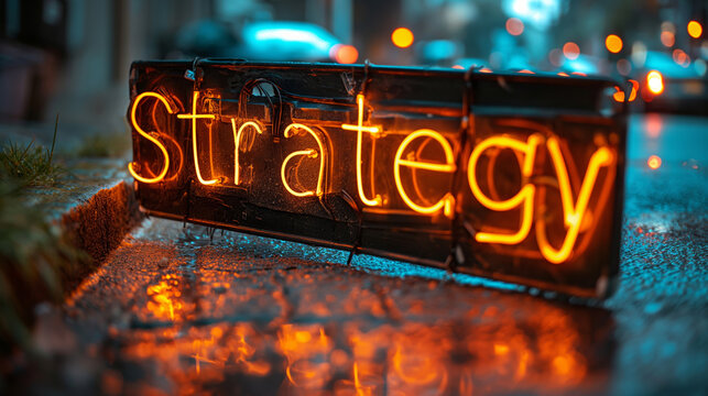 Strategy text in led light. "Strategy" text in glowing orange led lights on blue background. Design concept. Strategy concept. Team concept.