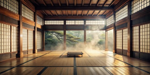 A  of a traditional Japanese style dojo with haze in the air
