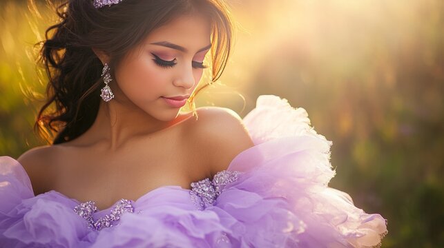 Intimate portrait of a young Mexican woman posing in a lilac quinceañera dress, captured with a Sony α7 III camera using an 85mm lens at F1.2 aperture, featuring dreamlike lighting with soft sunlight 