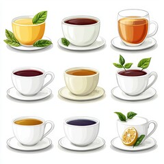 Assortment of different types of tea cups, tea, relaxation, beverage, clipart, white background, high quality