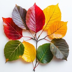 Fototapeta premium Colorful autumn birch leaves, fall, foliage, seasonal, clipart, white background, high quality