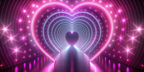 rendering of a pink pastel neon heart shape with stars in a perspective tunnel background, perfect...