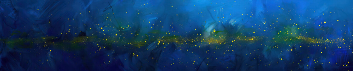 An abstract oil painting of Jesus's parable of the mustard seed, with tiny specks of yellow and green scattered across a deep blue background.