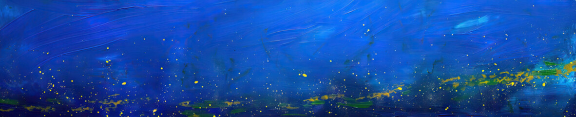 Obraz premium An abstract oil painting of Jesus's parable of the mustard seed, with tiny specks of yellow and green scattered across a deep blue background.