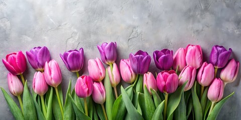 Pink and violet tulip flowers on light gray background with space for text