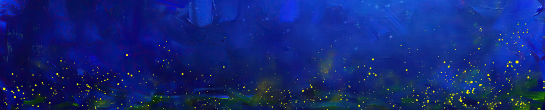 An abstract oil painting of Jesus's parable of the mustard seed, with tiny specks of yellow and green scattered across a deep blue background.