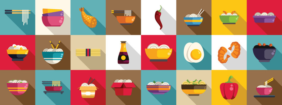 Udon noodles icons set. This vibrant icon set showcases a variety of asian cuisine, perfect for food blogs, menus, or any project related to culinary delights