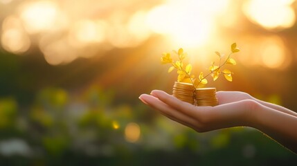 Concept of International Day of Charity: Human hands holding stacks of golden coins with a growing tree, symbolizing growth, generosity, and sustainability against a blurred sunset background in natur