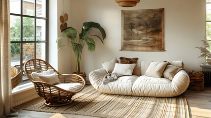 Modern living room with fireplace, featuring comfortable furniture and stylish decor