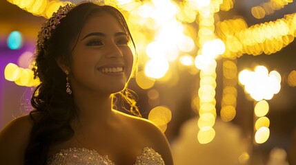 Realistic and enchanting photo of a beautiful and happy Quinceañera smiling at her party, with magical lighting and LED light tubes in the background, creating a festive ambiance in UHD and HDR qualit