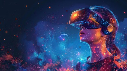 Obraz premium A woman is exploring space in VR glasses. A virtual researcher of cyberspace