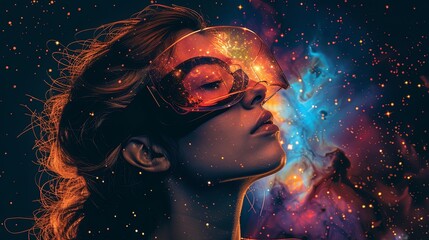 Obraz premium A woman is exploring space in VR glasses. A virtual researcher of cyberspace