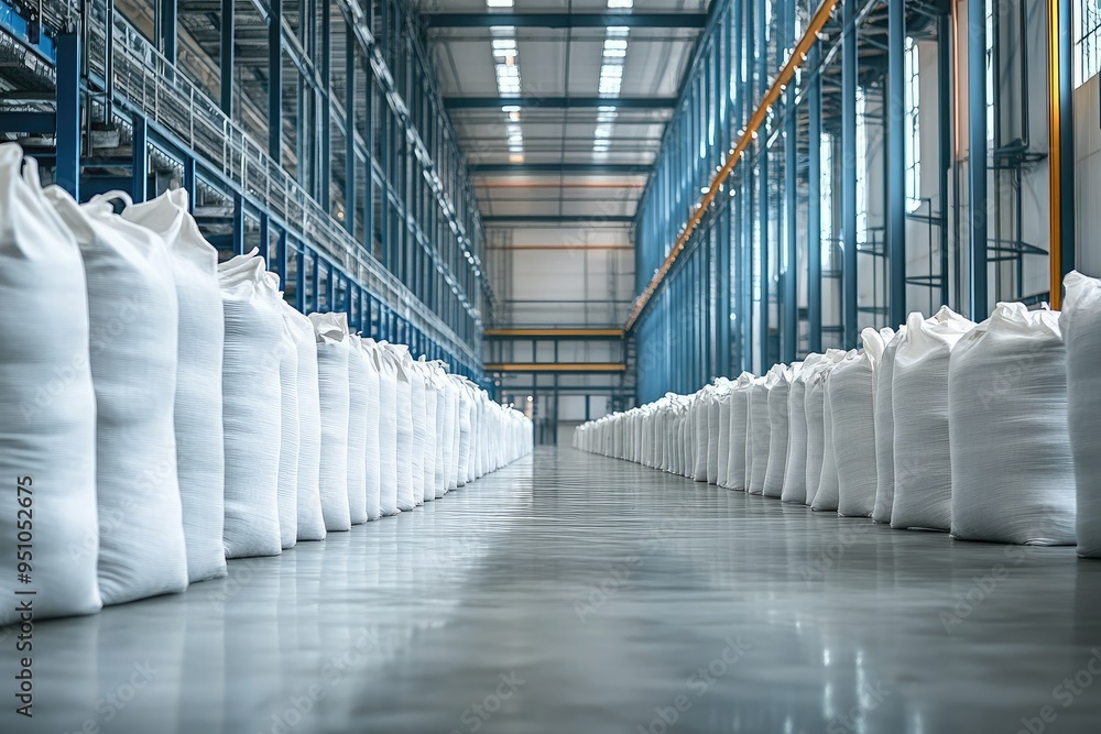 Poster warehouse with rows of white sacks. shows the scale and storage of a factory or business.