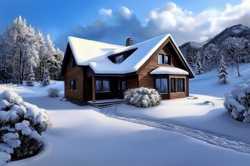 Delicate watercolor painting of a charming mountain cabin covered in snow, high-quality, idyllic beauty, winter retreat