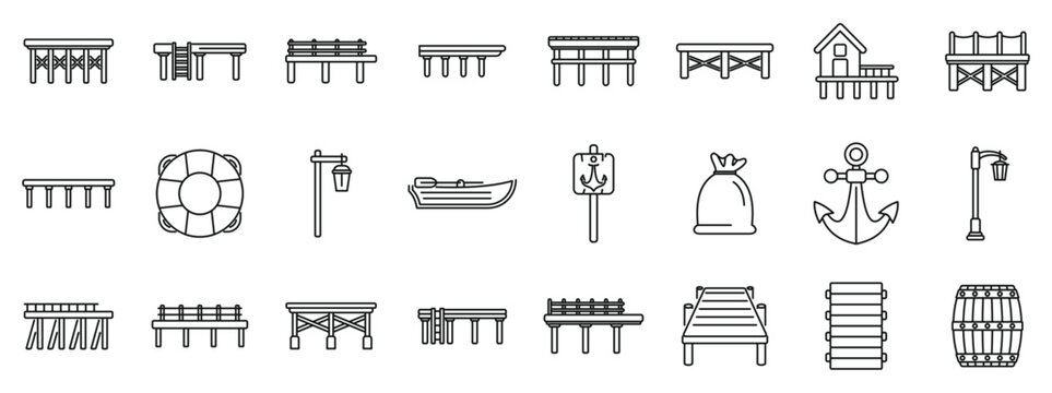 Wooden pier icons set. Set of different piers for fishing and recreation with anchor streetlight boat and lifebuoy icons in thin line style