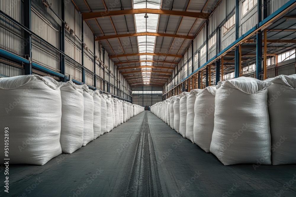 Poster warehouse full of white sacks. this image shows rows of large sacks in a warehouse, emphasizing stor