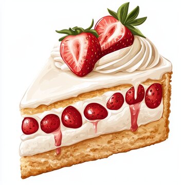 recommend clip art: Delicious slice of strawberry shortcake, dessert, sweet, bakery, clipart, white background, high quality