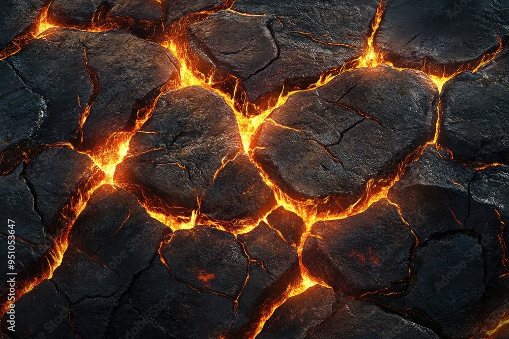 Poster lava flows through cracks in the earth. this fiery texture can be used for backgrounds or overlays.