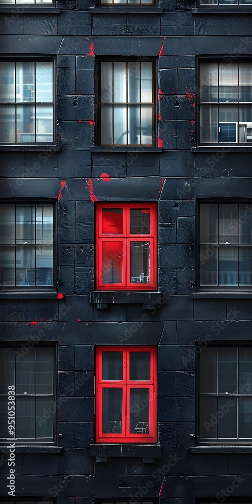 Poster a dark brick building with a single red window standing out from the rest.
