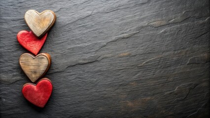 Fototapeta premium Hearts nest in a rustic setting on black slate surface