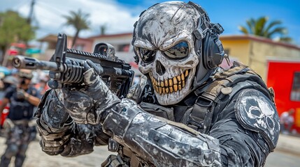 Ghost Soldier: A menacing close-up of a masked soldier in full tactical gear, armed with a rifle and staring intently down the sights, ready for action. The skull mask adds an air of mystery and dange