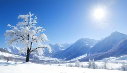 A high-resolution winter landscape with a lone tree standing in the foreground, its branches covered in snow and ice. The background showcases a series of snow-capped mountains, with a bright sun illu