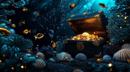 Ethereal watercolor illustration of a whimsical underwater world with colorful fish, seashells, and a hidden treasure chest, high-quality, magical allure, marine exploration