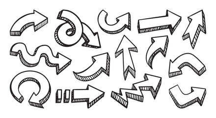 Hand drawn 3D arrows with varied shapes and directions. Vector cartoon illustration