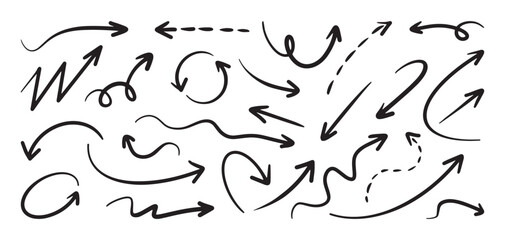 Doodle style arrows with various curvy and straight designs. Vector cartoon illustration