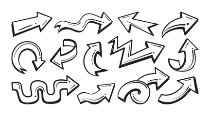 Hand drawn arrows with diverse shapes, including curvy and straight lines. Vector cartoon illustration