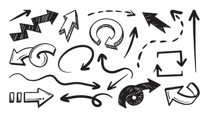 Doodle style black arrows in various directions and shapes on white background. Vector cartoon illustration
