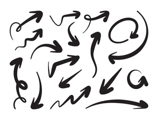 Hand drawn black arrows with varied shapes, including curvy and straight lines. Vector cartoon illustration