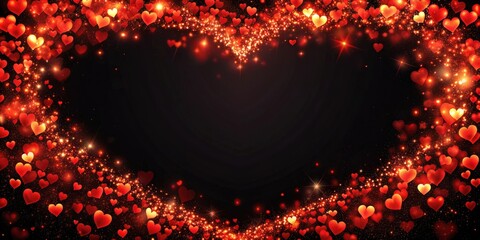 Abstract background of a frame of red hearts and sparks with blur effect on black backdrop
