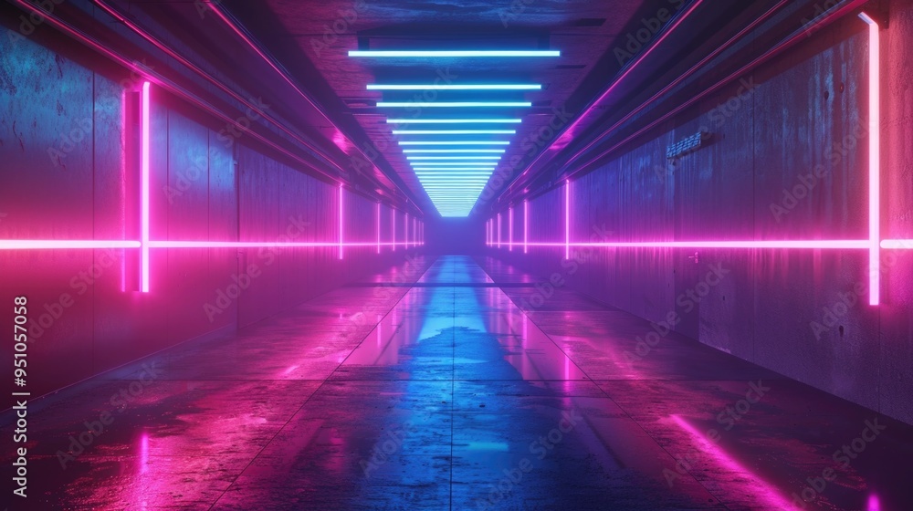 Poster long corridor with neon lights creating a bright and futuristic atmosphere