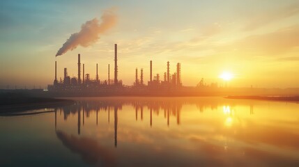 Naklejka premium Industrial chimneys emitting smoke at sunset, featuring an industrial landscape