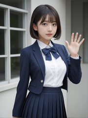 校舎の前で手を振りながら挨拶する日本の女子学生、紺のブレザーとリボンが上品で知的な印象を与え、白いシャツが清潔感を際立たせる、控えめな微笑みと洗練されたスタイルが調和した青春のシーン