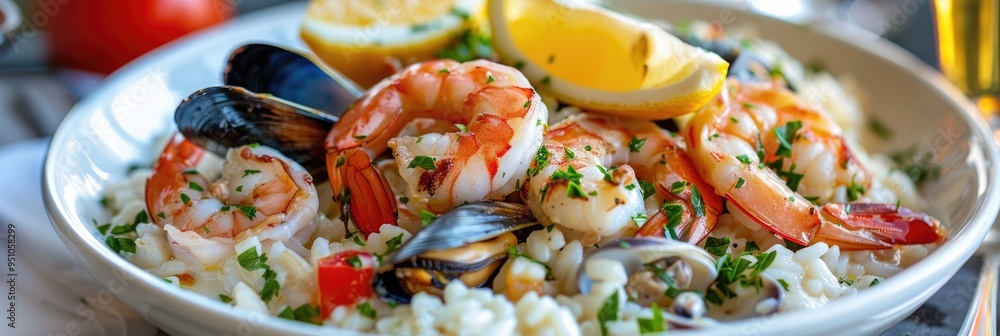 Wall mural Close-up of Seafood Risotto Featuring Rice, Mussels, Shrimp, and Squid in a Creamy Lemon Sauce