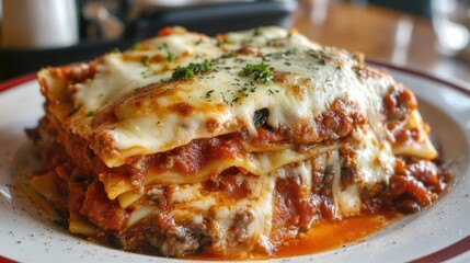 A plate of hearty Italian lasagna, with layers of pasta, meat, and melted cheese.