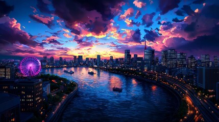 Vibrant watercolor painting of a bustling cityscape at sunset, high-quality, energetic allure, vibrant skyline