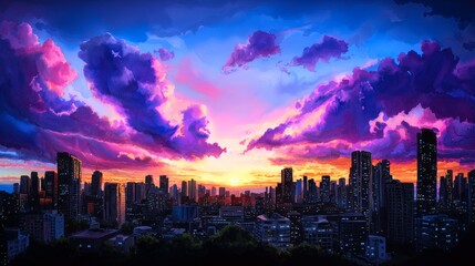 Vibrant watercolor painting of a bustling cityscape at sunset, high-quality, energetic allure, vibrant skyline