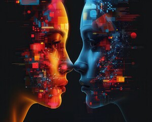 Digital Fusion: Two AI faces, one orange and one blue, meet in a digital embrace, showcasing technological advancement and the merging of artificial intelligence.  