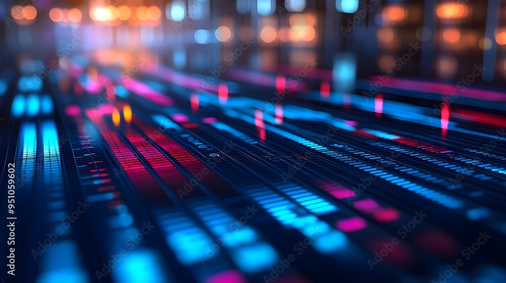 Poster abstract digital background with glowing blue and red lines, representing data flow and technology.