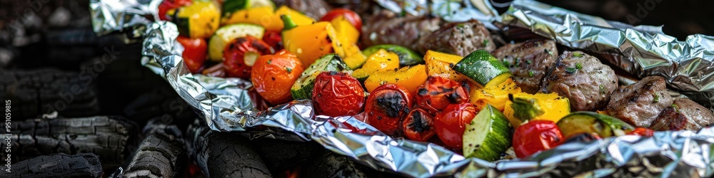 Poster Vegetables and meat grilled on coals and wrapped in foil