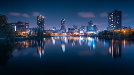 Naklejka premium ## Mesmerizing City Skyline Reflections at Night: Long Exposure Photography