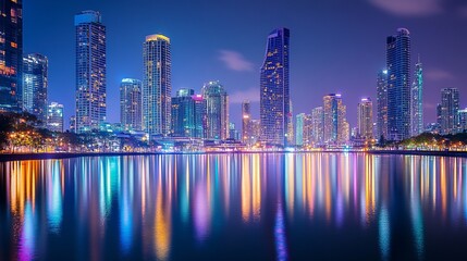 Fototapeta premium Captivating City Lights: Nighttime Skyline Reflection on Calm River