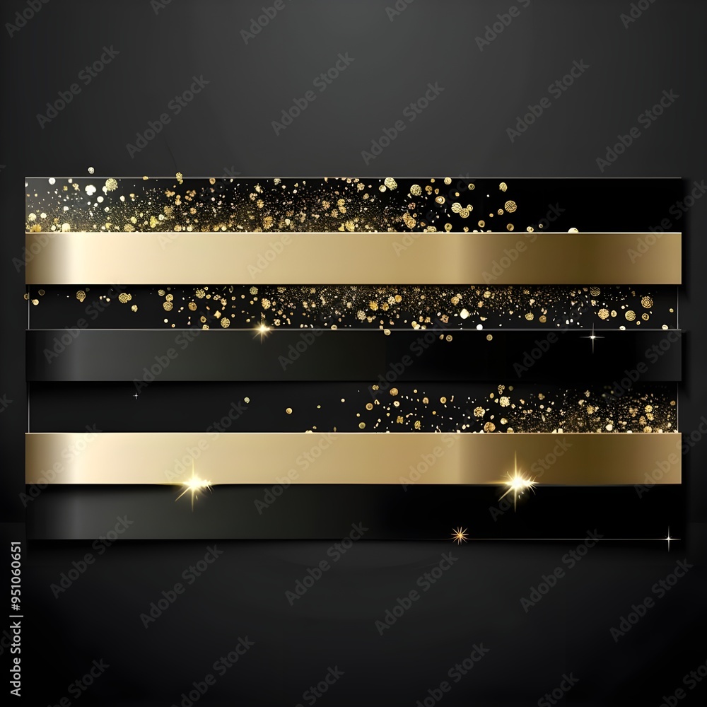 Poster a luxurious design with alternating black and gold horizontal stripes, adorned with glittering parti