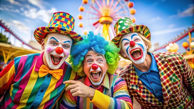 Three comical clowns entertaining visitors at a lively carnival