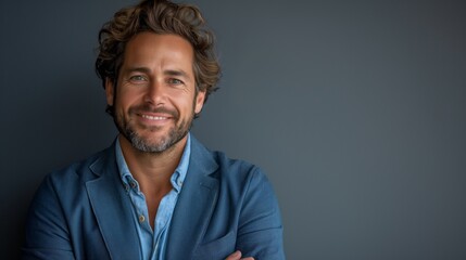 Obraz premium Happy young smiling confident professional business man wearing blue shirt, pretty stylish male executive looking at camera, standing arms crossed at grey background concept.