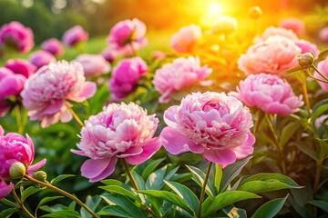 Stunning peony blooms in morning sunshine aerial view