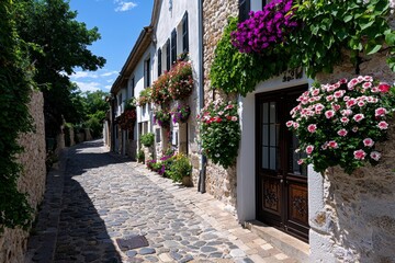 Fototapeta premium Watercolor depiction of a charming European village nestled in rolling hills, high-quality, realistic, scenic beauty, old-world charm, idyllic, countryside, cultural heritage, cobblestone streets